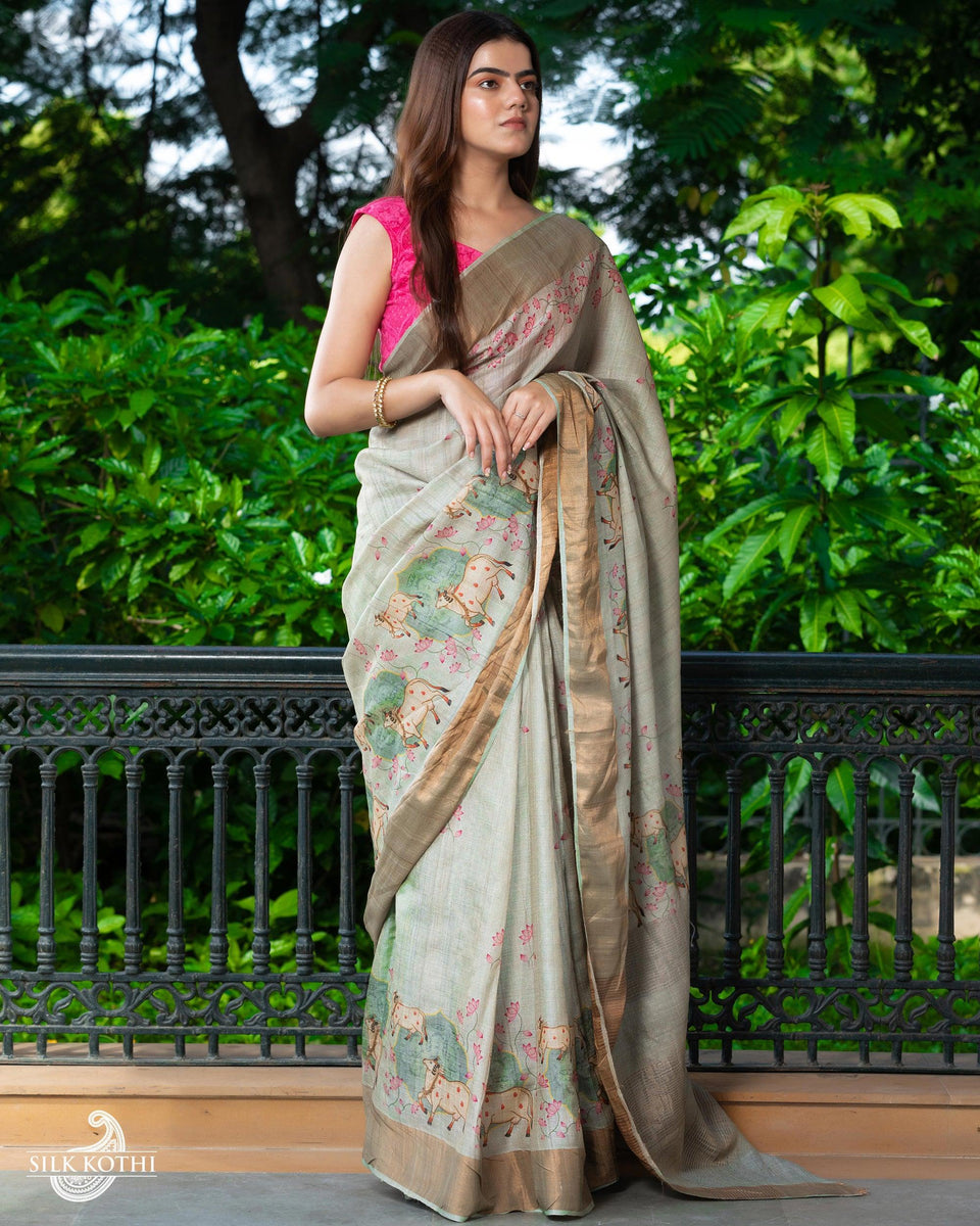 SILVER GREEN PICHWAI PRINTED TUSSAR SILK BANARASI HANDLOOM SAREE – SILK ...