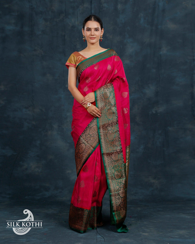 Buy Women's Pure Silk Traditional Saree With Blouse Piece For Wedding  Festival (Dark Green & Pink) - JPSR_136 at Amazon.in
