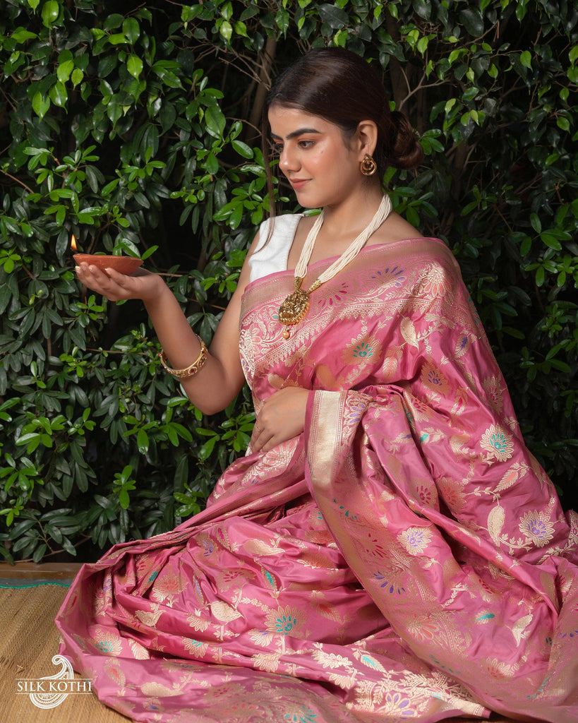 Onion Pink Hot fix Siroski Zarkan Stone Zari Embroidered Border Work Soft  Silk Party Wear Saree With Blouse Piece - Manu Fashion Era - 4297569